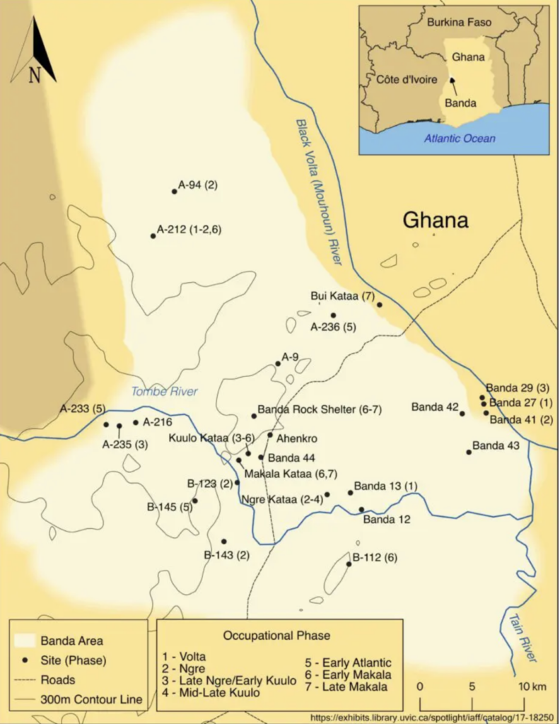 Location of archaeological sites and their associated occupational phases in the Banda Traditional Area, Bono Region, Ghana